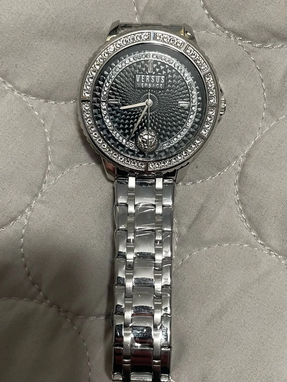 Versus Versace Silver Bracelet Watch with Black Dial and Crystal Accents